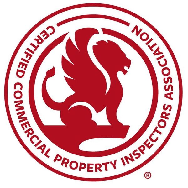 Red circular logo with a griffin and text 