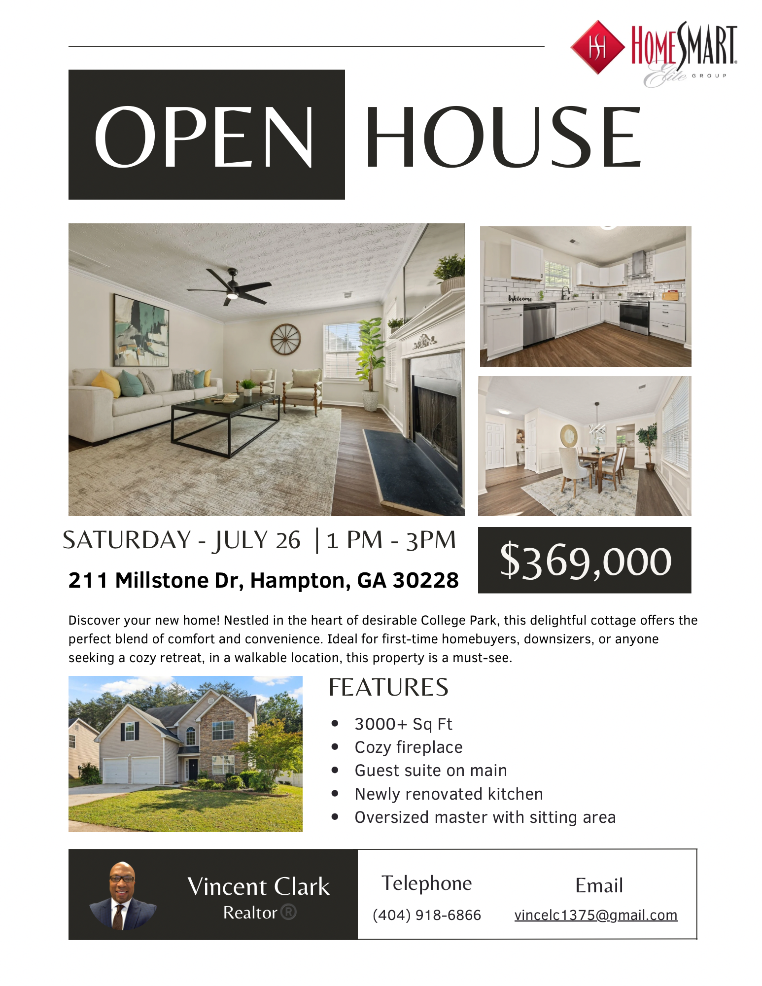 Open house flyer with photos of a home interior and exterior; details include address, time, and price.