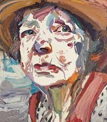 Painterly portrait of a woman in a wide hat, looking upward with a solemn expression, in muted earthy tones