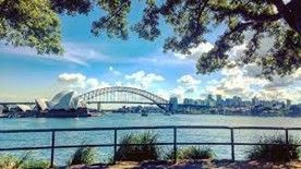 Sydney Harbour view: Opera House, Harbour Bridge, city skyline, blue water, sunny day.