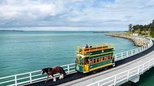 Horse-drawn tram on a pier over turquoise water with a cloudy sky.