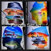 Four colorful art pieces depicting landscapes overlaid on a head silhouette. The words