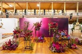 Floral arrangements on pedestals and ground in front of a magenta backdrop, inside a building with a wood floor.
