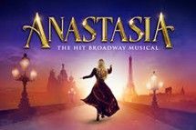 Poster for Anastasia musical: A woman in a black gown dances against a Paris cityscape with the title.