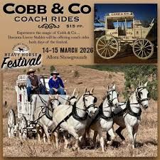 Poster: Cobb & Co coach rides at Allora Showgrounds. Featuring a horse-drawn coach with people and the event details.