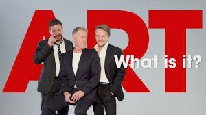 Three men in suits stand in front of the word 