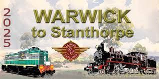A poster for warwick to stanthorne with two trains on it.