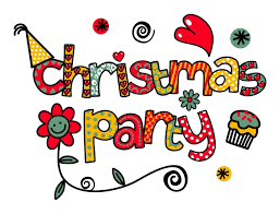 Christmas Party text with colorful decorative elements including hearts, flowers, and a cupcake.