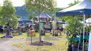 Outdoor market with blue tents and trees, people browsing tables of goods.
