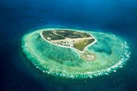 Aerial view of a small island with a ring of coral reef in clear turquoise and dark blue water.