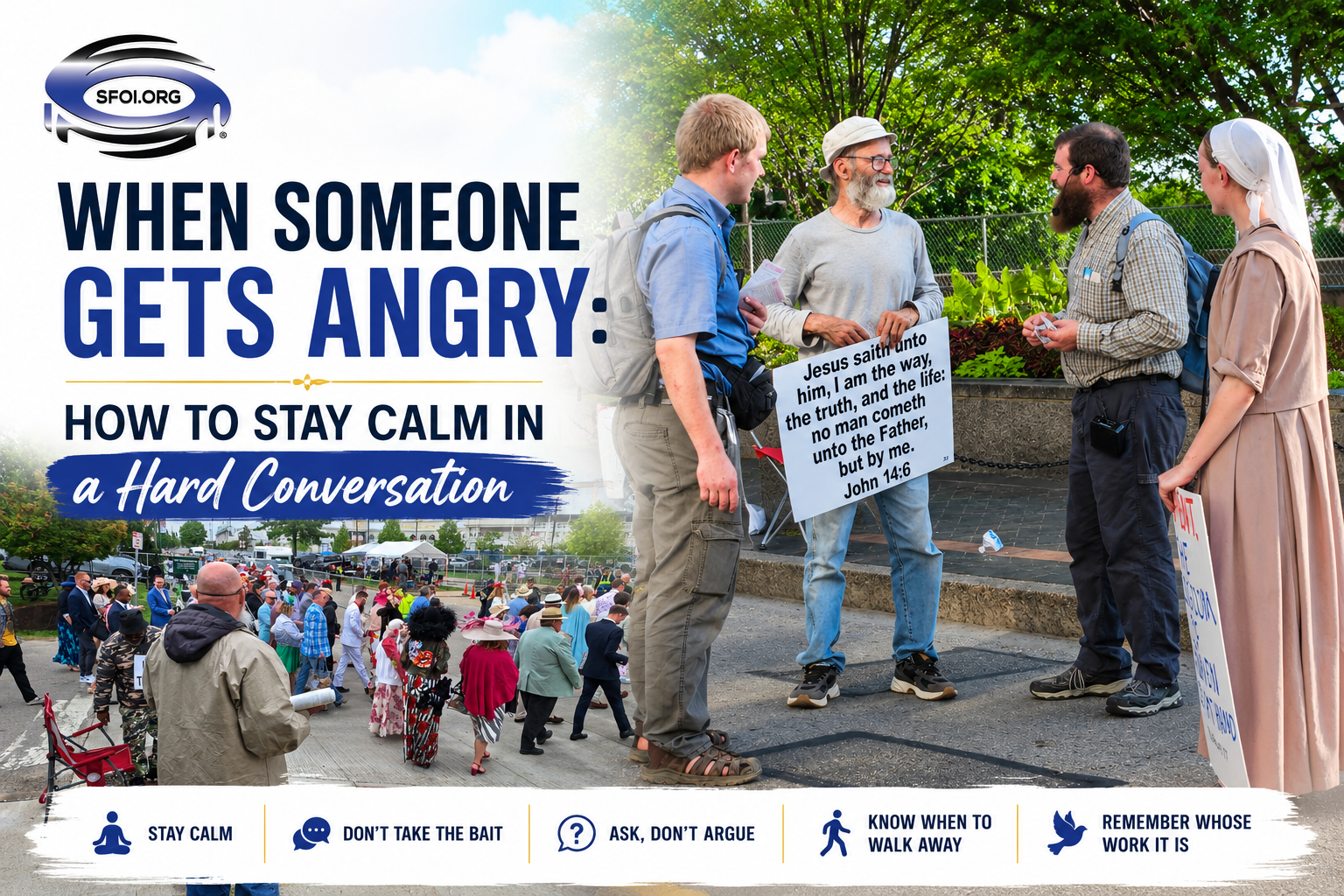 SFOI evangelists in a calm street conversation during an outreach event