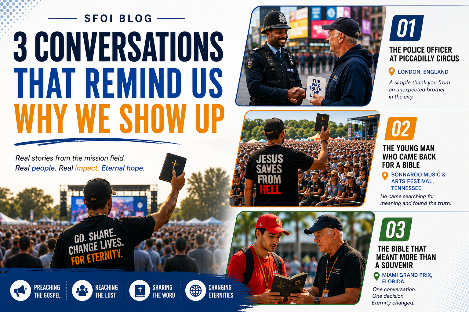 SFOI evangelists ministering to fans at NFL London, Bonnaroo, and the Montreal Grand Prix