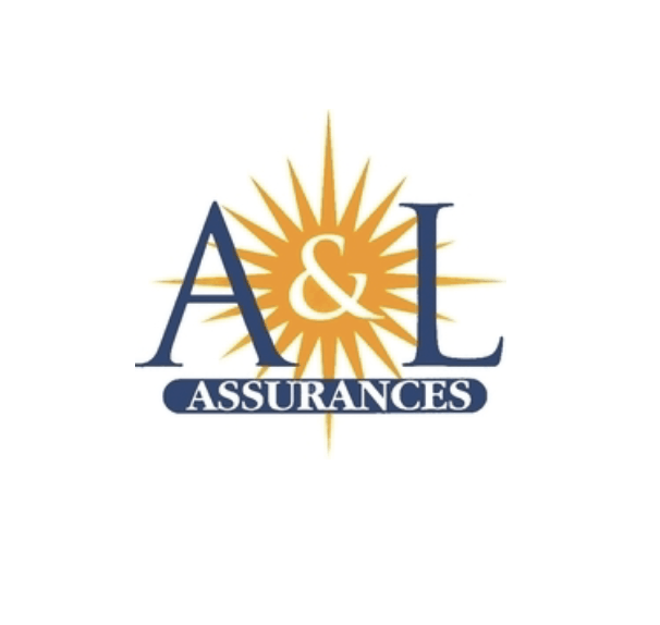 « A&L » bleu avec « & » orange, fond en forme de soleil, « ASSURANCES » en dessous.