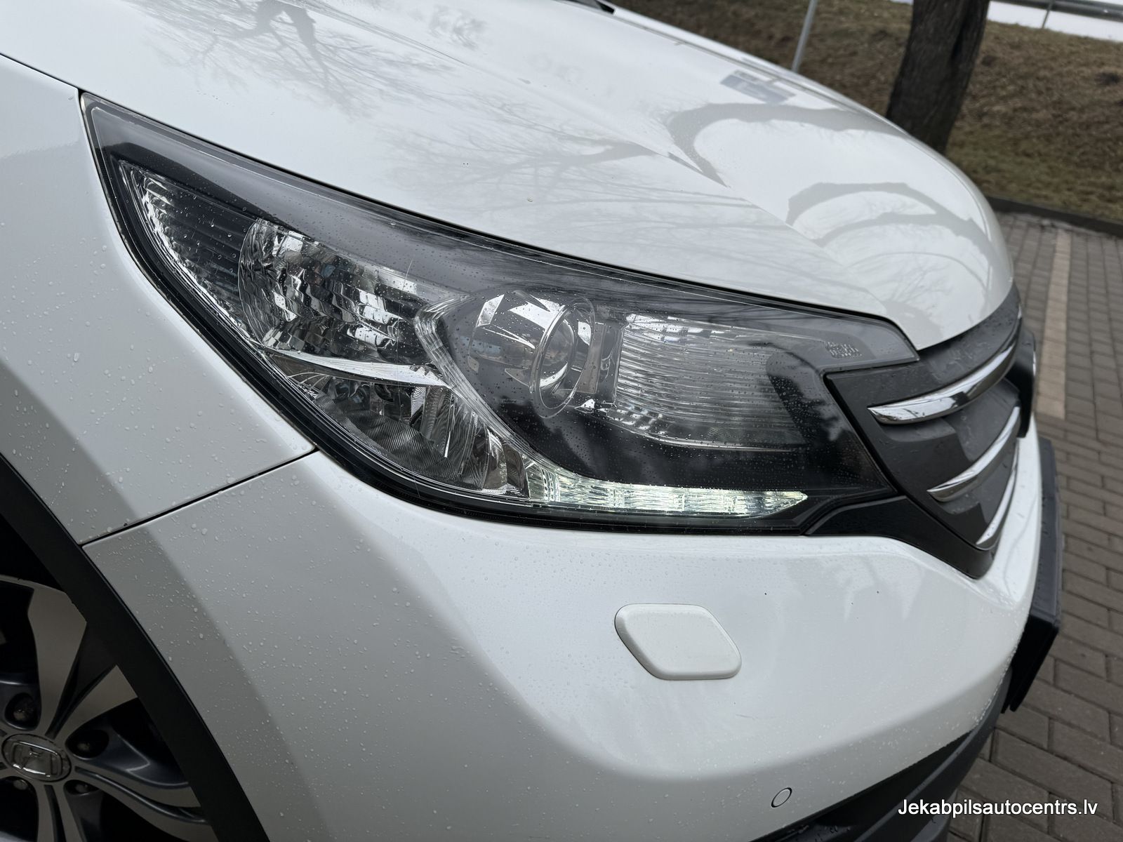 Tuvplāns baltas automašīnas priekšējam lukturim uz ķieģeļu ceļa.