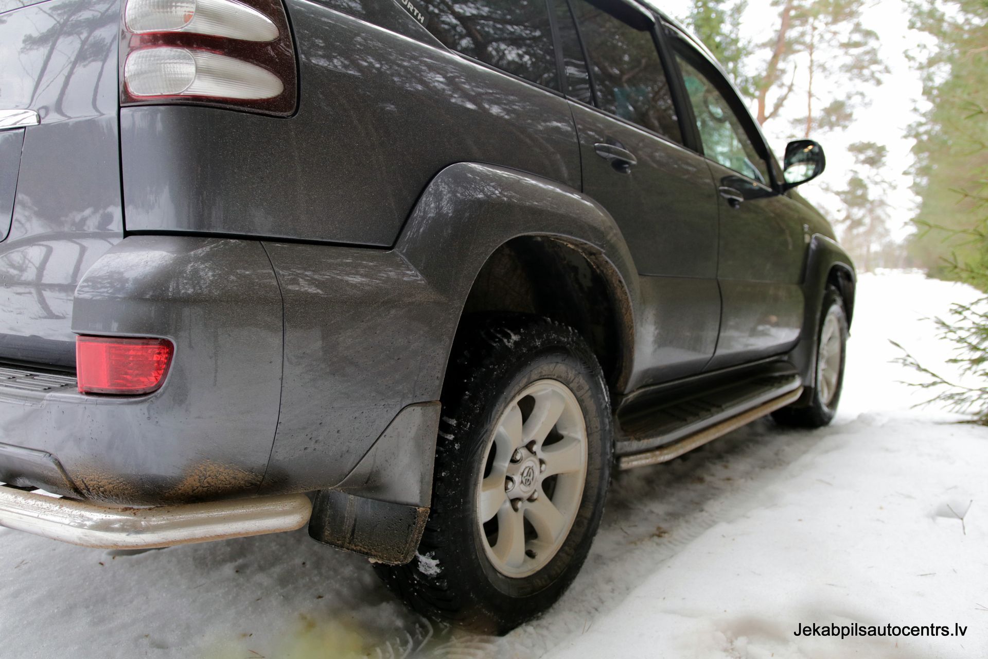 Sniegā stāv melns apvidus.