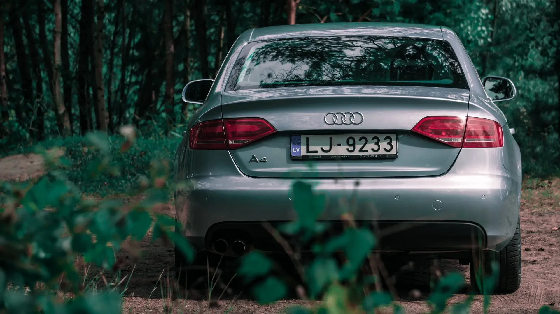 Meža vidū stāv sudrabots audi a4.