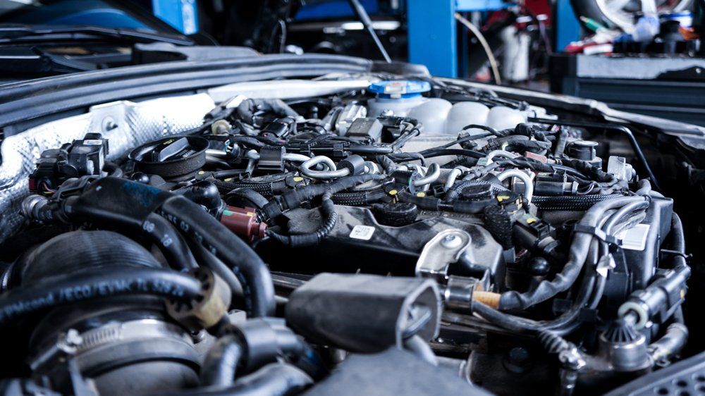 Tuvplāns automašīnas dzinējam ar atvērtu pārsegu garāžā.