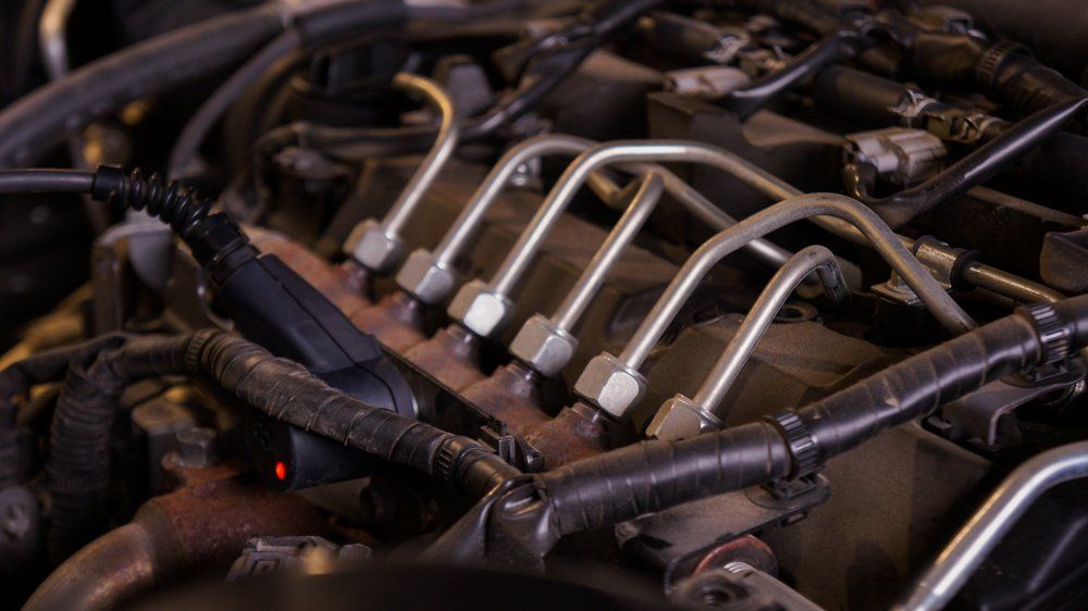 Automašīnas dzinēja tuvplāns ar degvielas padeves caurulēm.