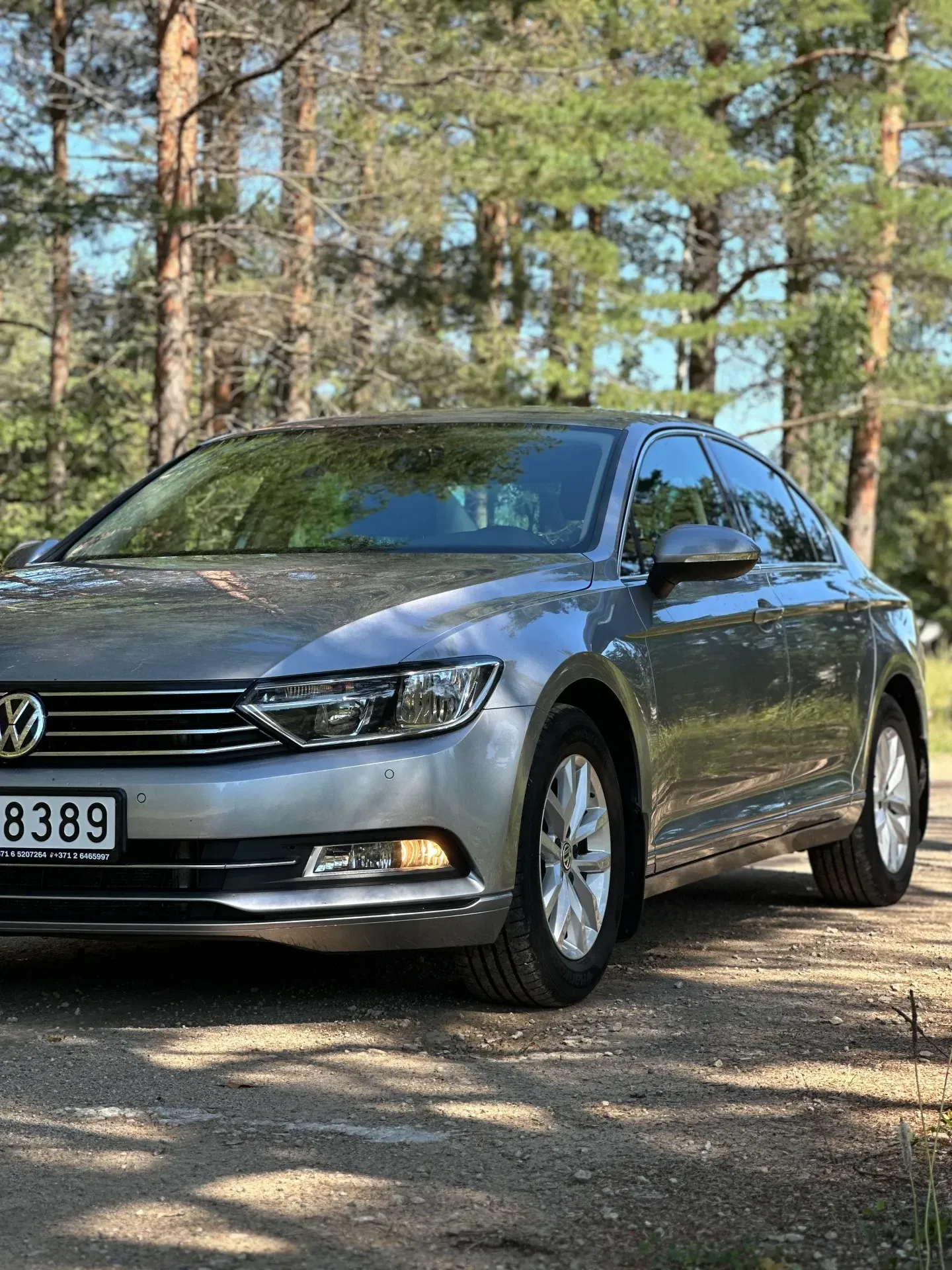 Sudraba volkswagen passat stāv mežā uz zemes ceļa.