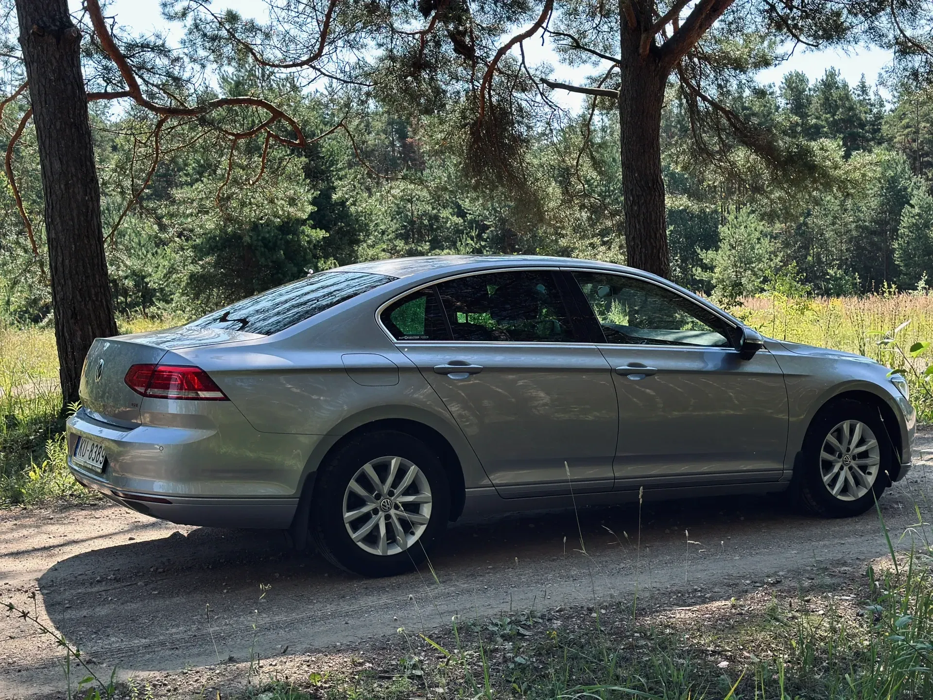 Mežā zemes ceļa malā stāv sudrabainā mašīna.