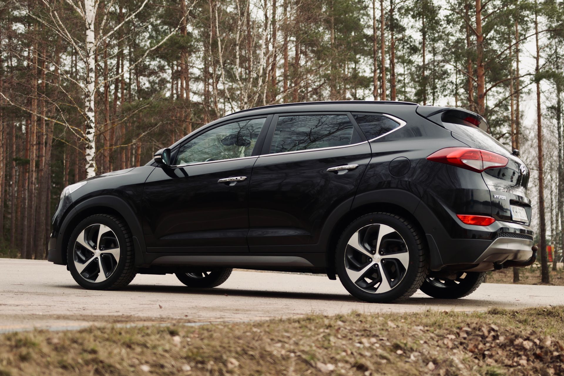 Ceļa malā meža priekšā stāv melns apvidus.