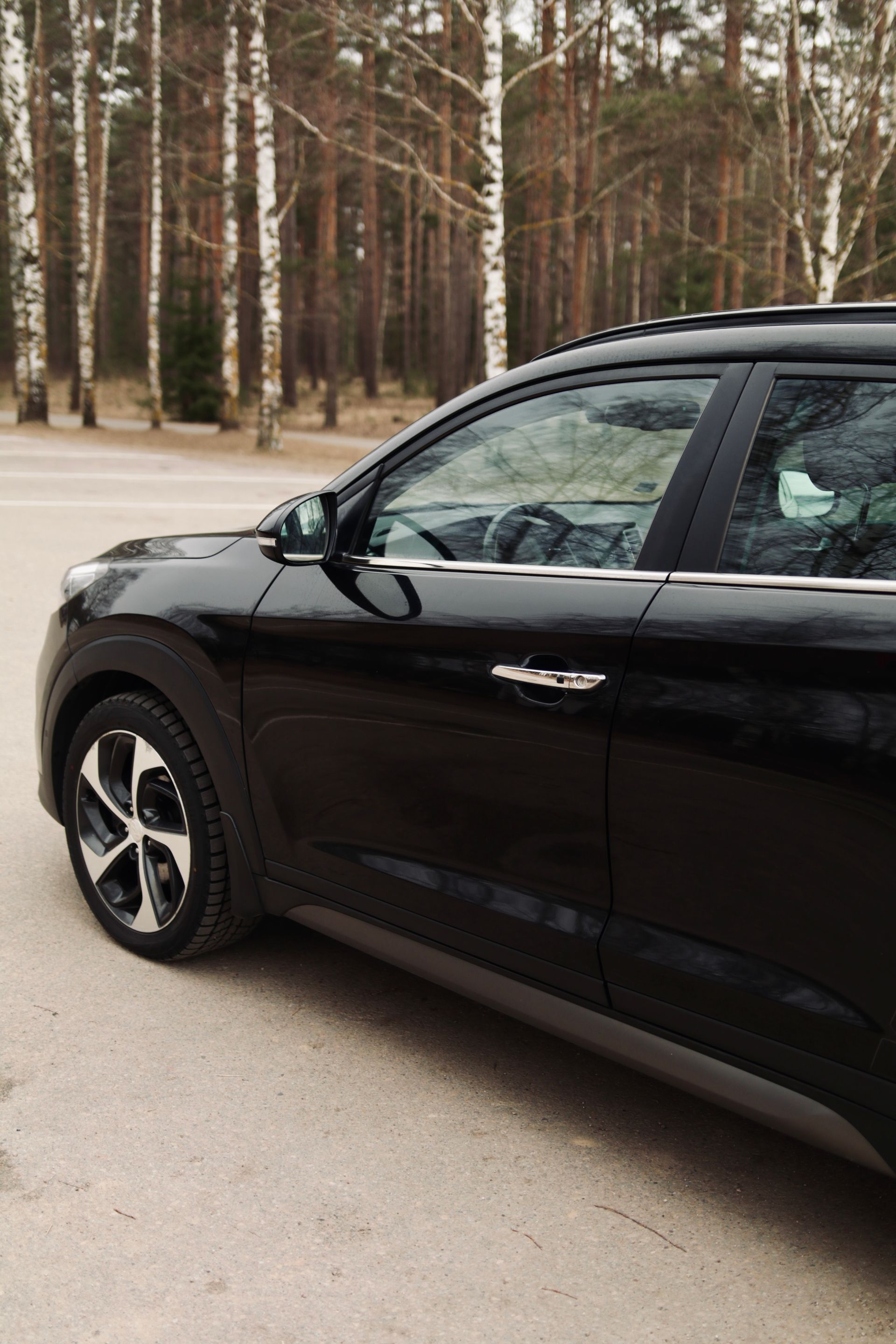 Ceļa malā iepretim mežam stāv melna mašīna.