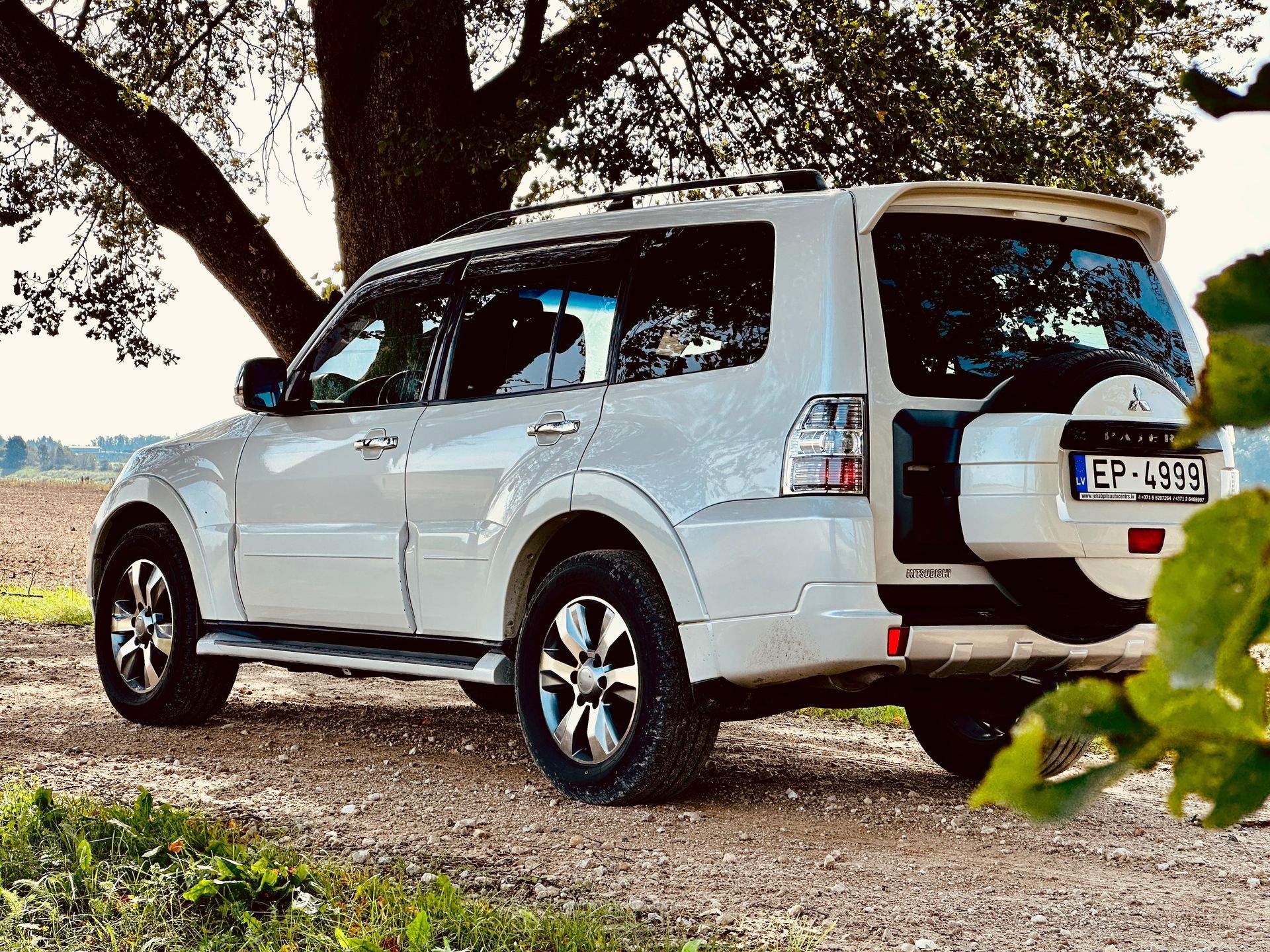 Balts apvidus auto stāv zem koka netīruma laukā.