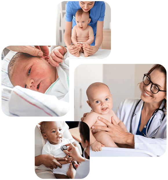 A collage of pictures of a baby being examined by a doctor.