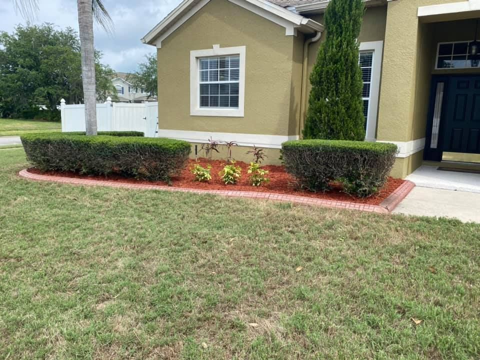 A house with a lawn and bushes in front of it