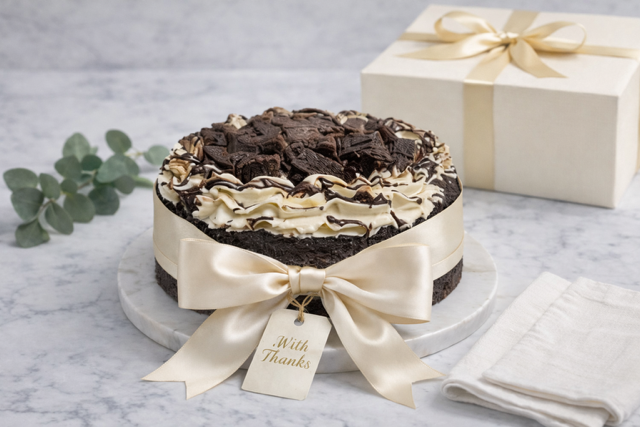 A white plate topped with a cake , strawberries , limes and chocolate chips.