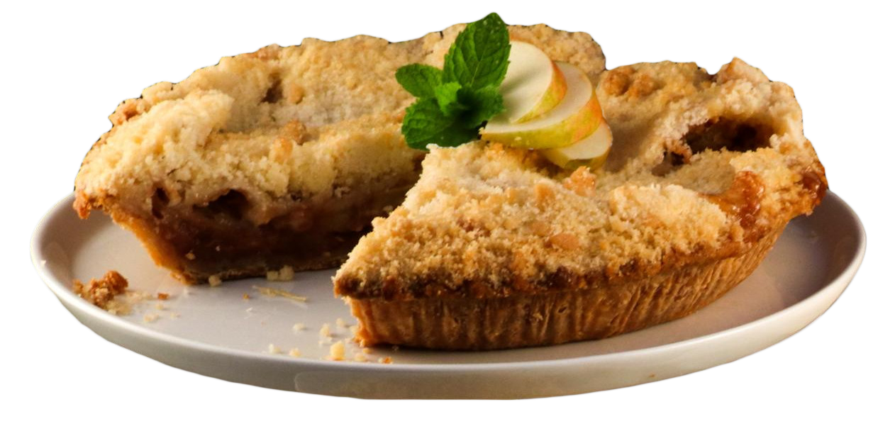 A pie with a slice taken out of it is on a white plate.