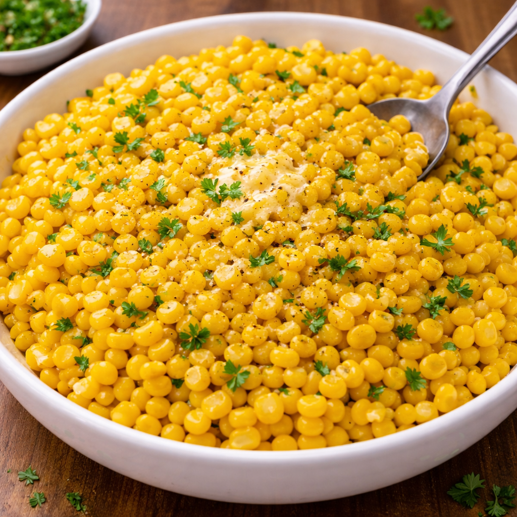 A white bowl overflowing with cooked yellow corn kernels; garnished with parsley. A spoon is inside.