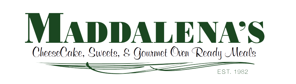 Logo for Maddalena's, a bakery. Dark green text, "Maddalena's" above "Cheesecake, Sweets, & Gourmet Own Ready Meals".