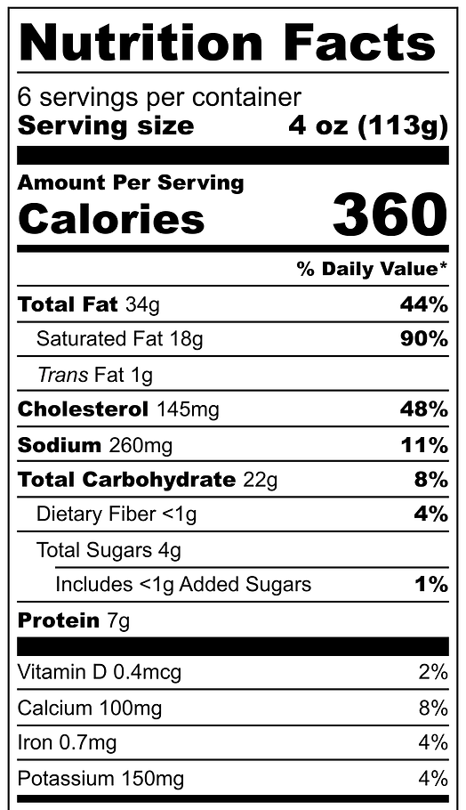 A nutrition facts label for a container of food.