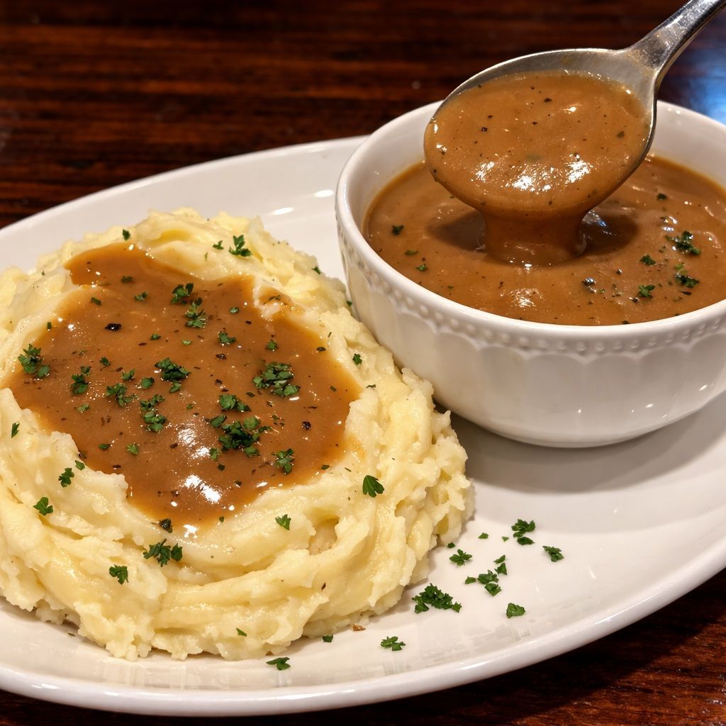 Mashed potatoes with gravy, garnished with parsley, served with gravy in a bowl on a white plate.