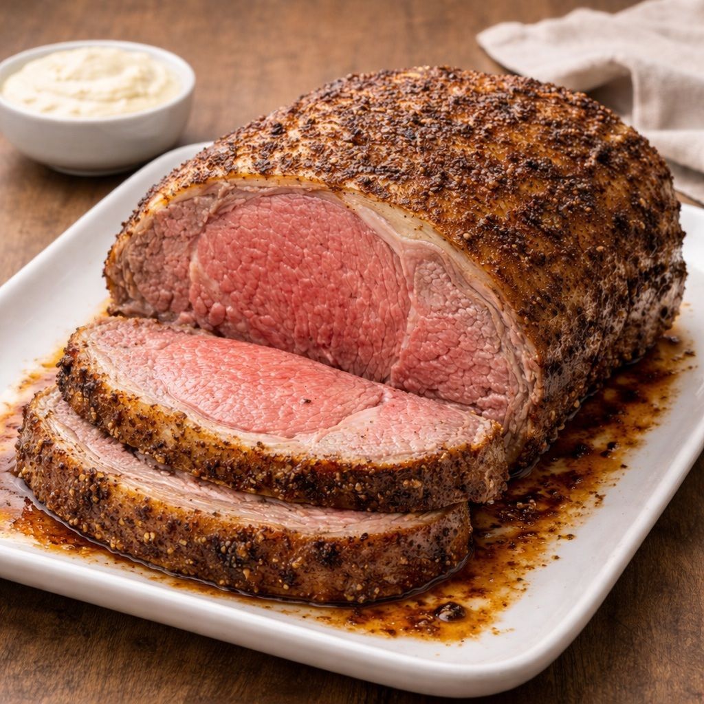 Green beans and mushroom dish in creamy sauce on a decorative plate.