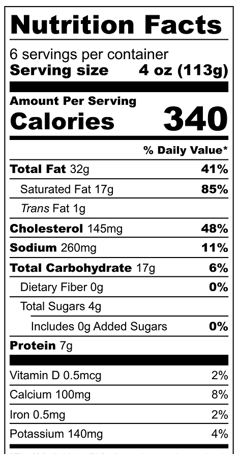 A nutrition facts label shows the amount per serving , calories , and daily value.