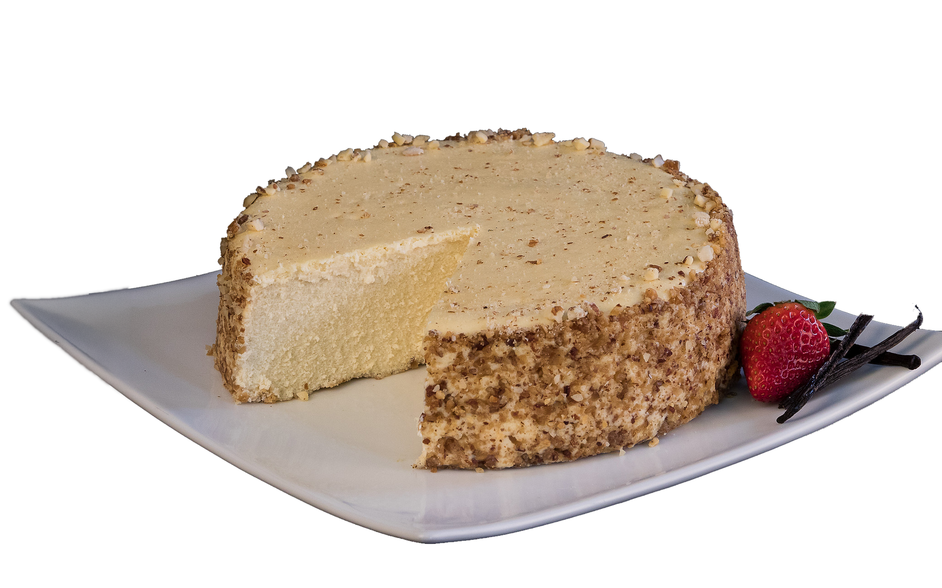 A cake with a slice taken out of it is on a white plate