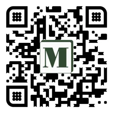 A qr code with the letter m in a square.