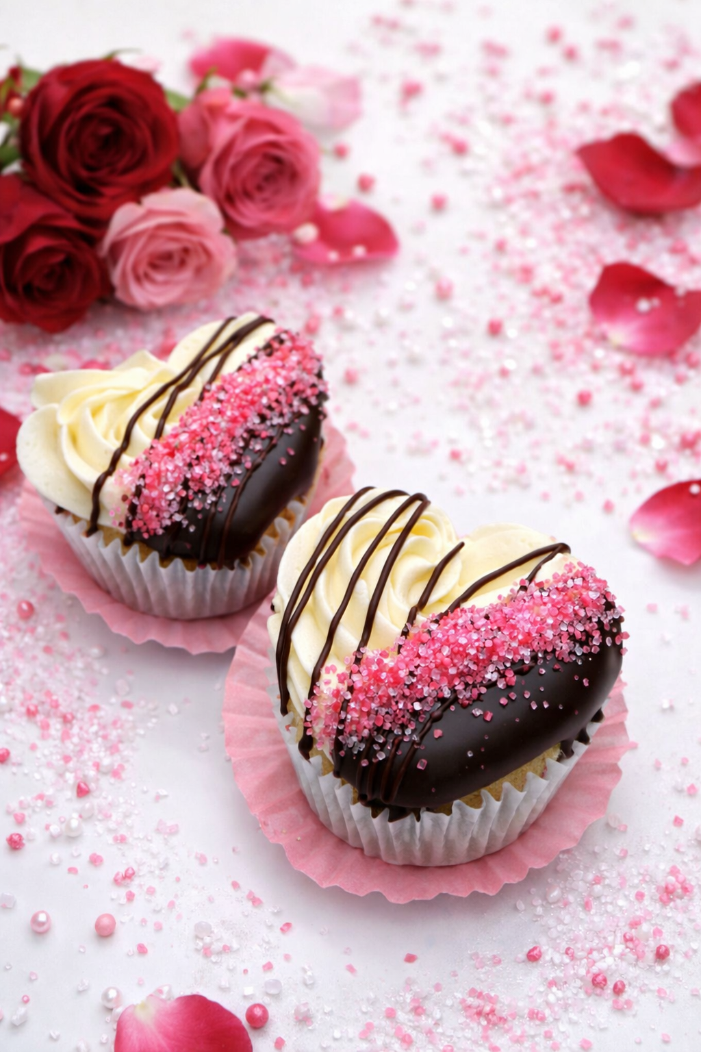 Heart-shaped cupcakes with chocolate frosting and pink sprinkles, rose petals, and flowers on a white surface.