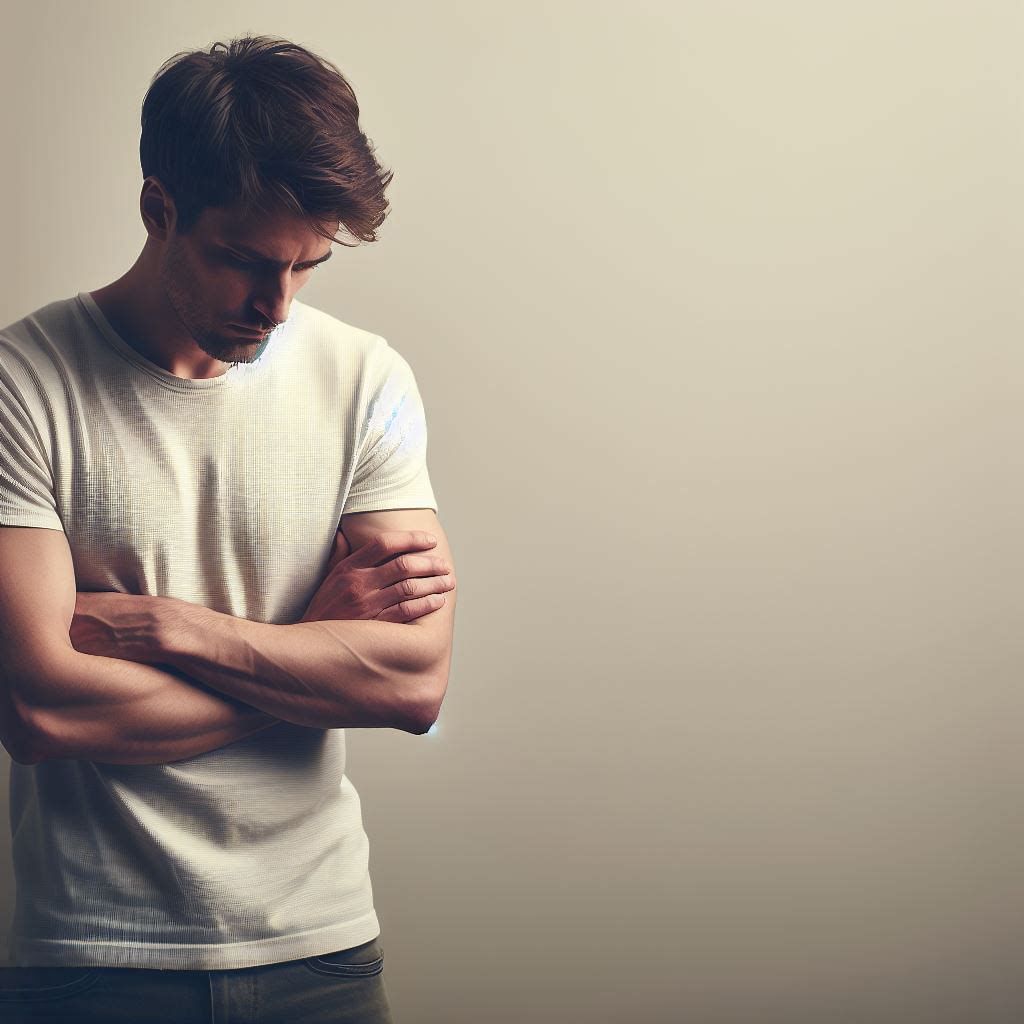 A man in a white shirt is standing with his arms crossed and looking down.