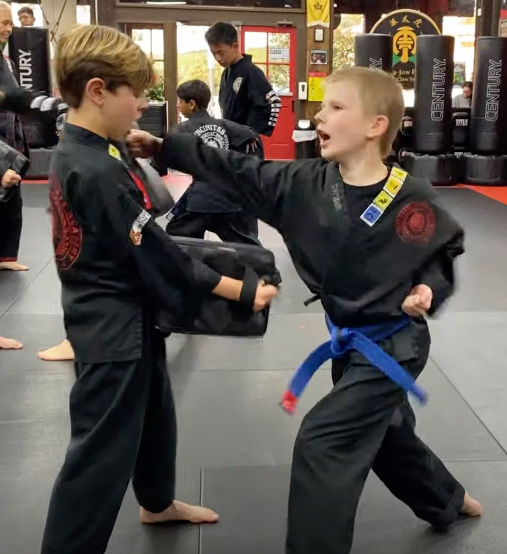 A group of young boys are practicing martial arts in a gym