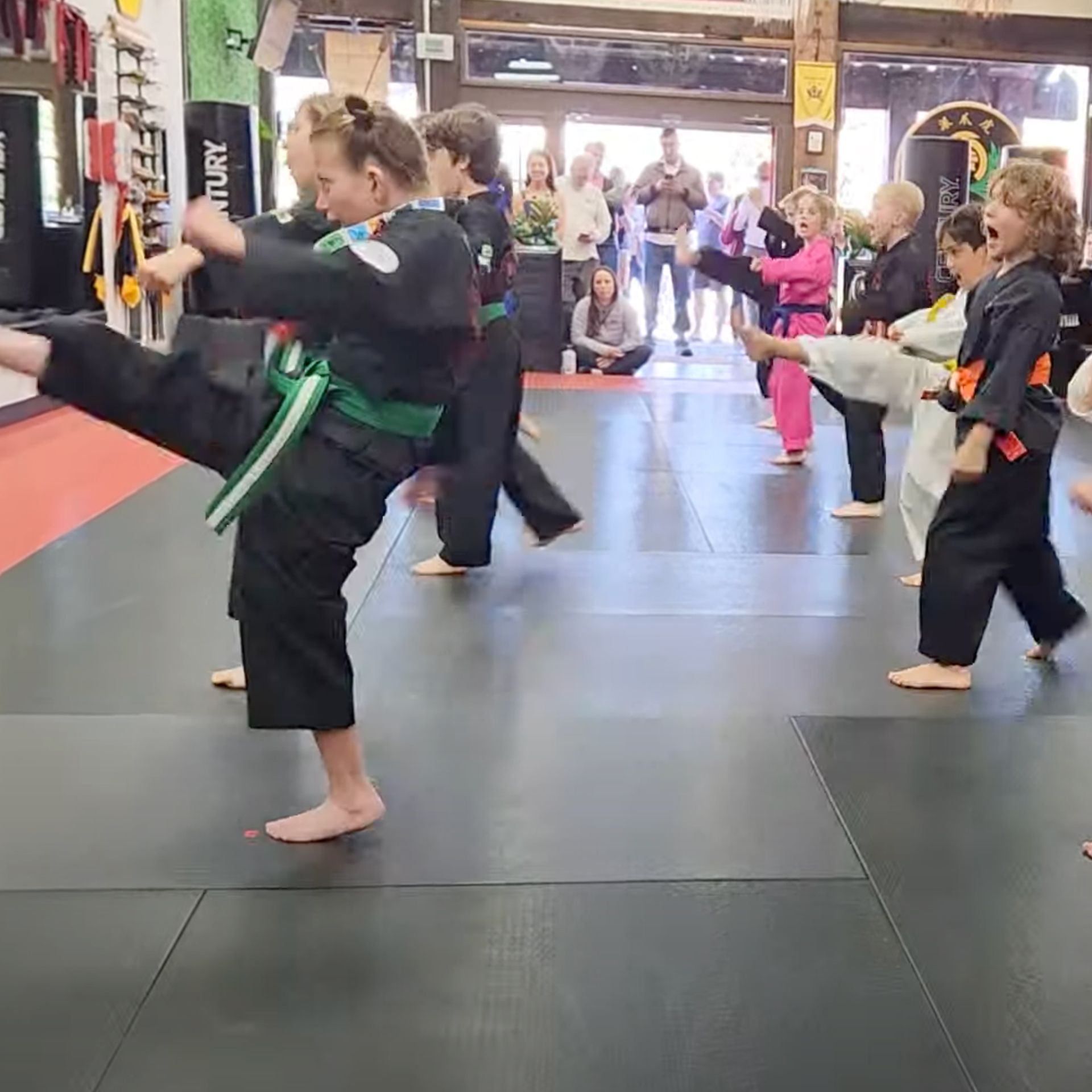 A group of kids are practicing martial arts in a gym