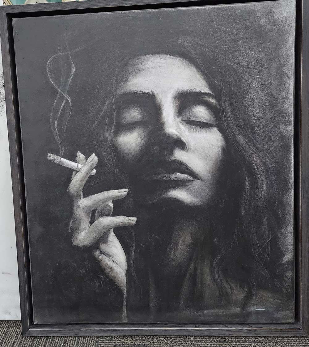 A Woman Serious And Smoking Drawing Framed — Fine Art Supplies & Custom Framing in Rockhampton City, QLD