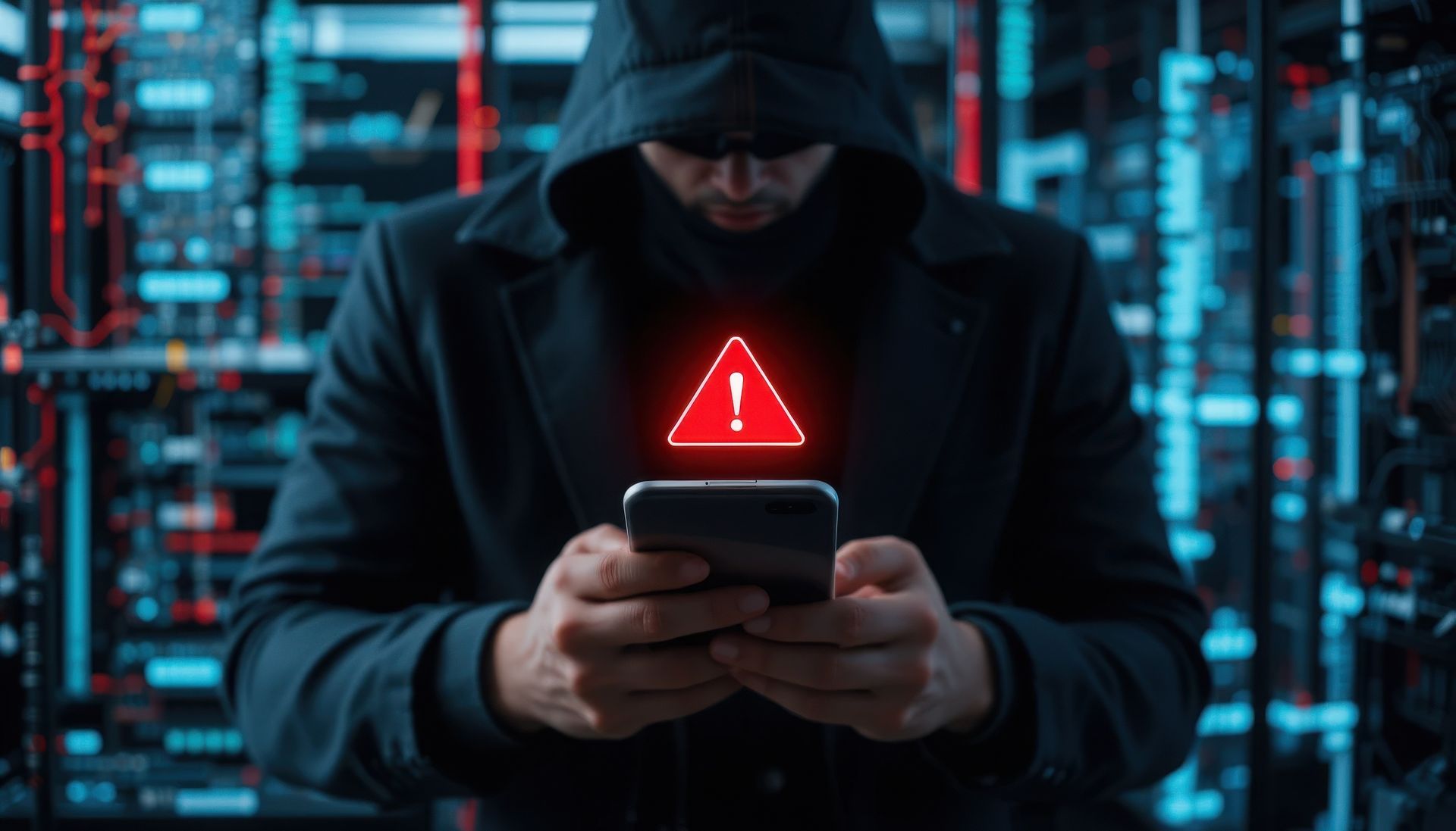 Person in a black hoodie using a phone in a server room, red warning symbol overlay.