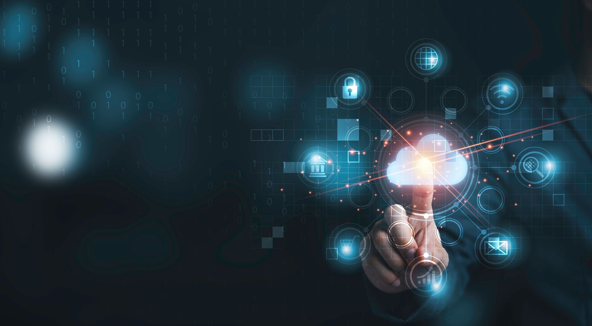 Person's finger touching a glowing cloud icon surrounded by digital icons on a dark background.