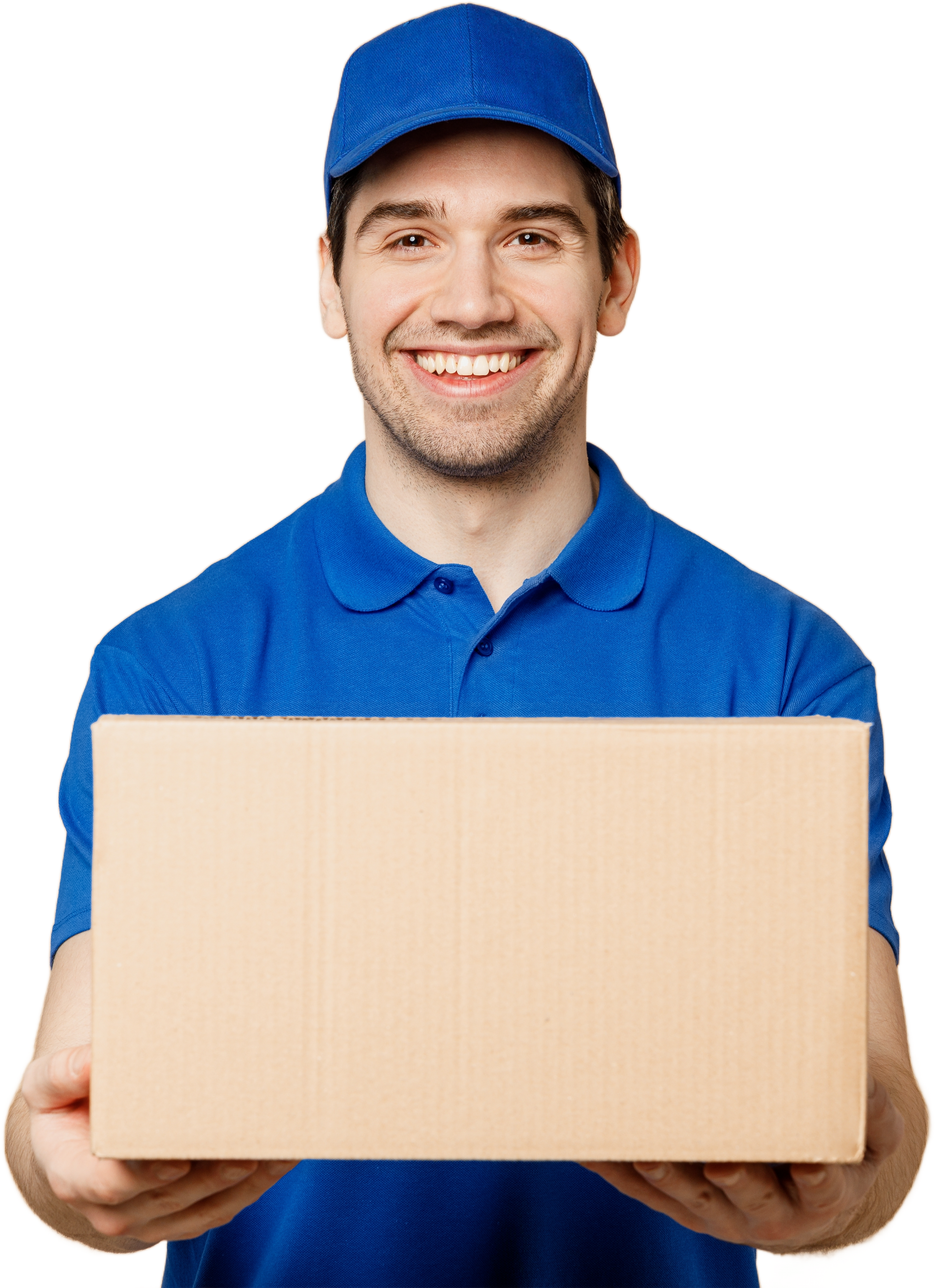 Delivery man in blue uniform, holding a cardboard box, smiling.