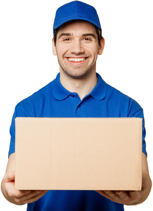 Delivery man in blue uniform, holding a cardboard box, smiling.