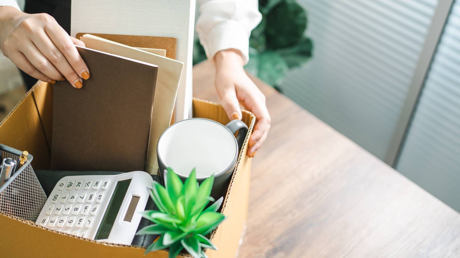 Person packing office belongings into a cardboard box after job loss; includes a mug, a plant, and a calculator.