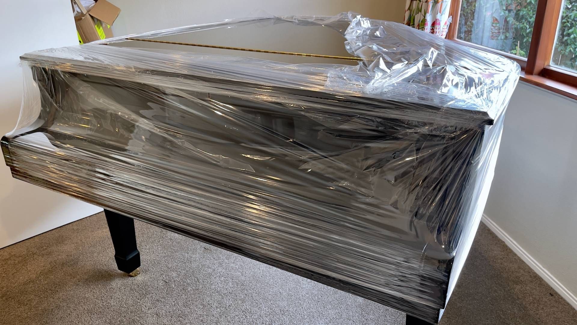 A black baby grand piano wrapped in clear plastic, ready for transport, in a room with a window.